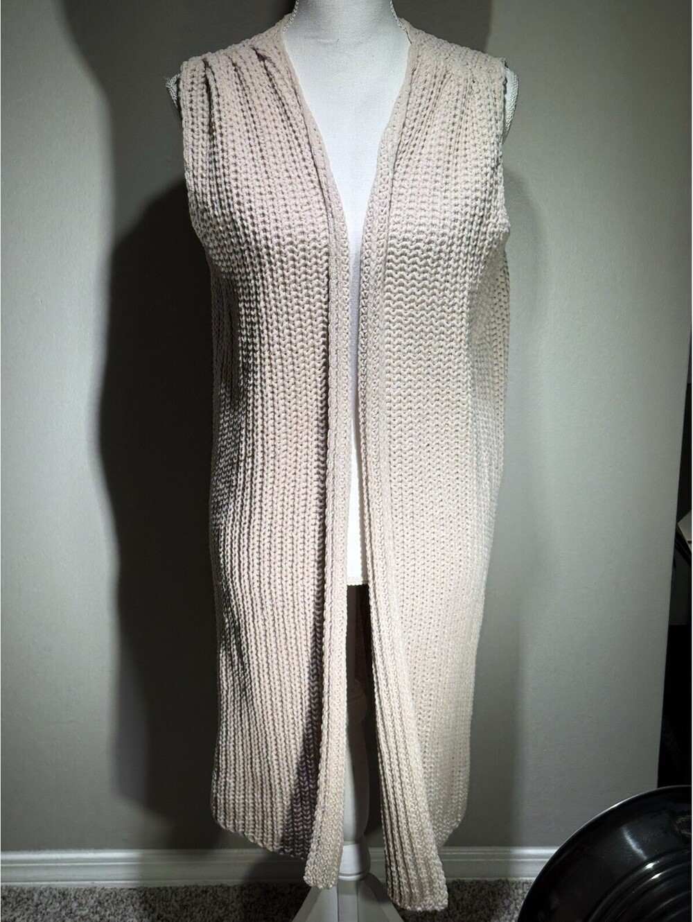 POL Clothing Cream Knit Duster Vest Long Open Front Boho Cardigan JST353 M/L